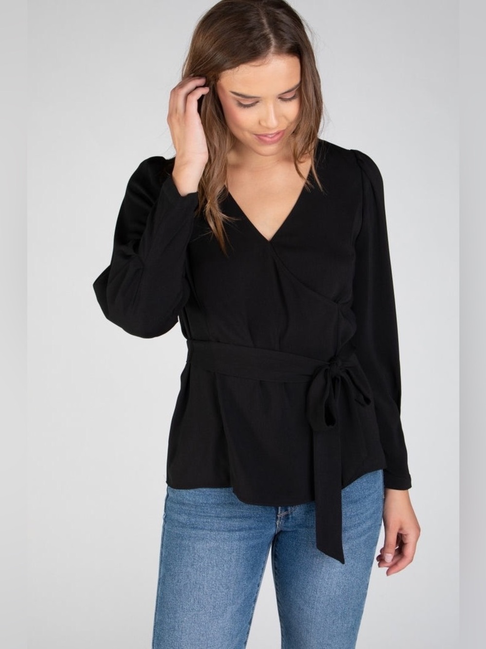 The Wrap & Go Self Belt Mandarin Collar Black Top